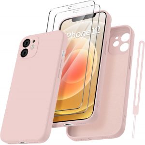 Maa-Coque Protection Caméra Pour Iphone 12 Avec 2 Pièces Verre Trempé, Housse De Protection Silicone Antichoc Doublure Microfibre Douce Ultra Fine Coque Iphone 12 6.1"" - Rose Pâle - Neuf