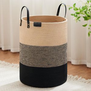 Grand panier à linge sale avec poignée en cuir, panier de rangement en corde tissée pour couverture, jouets dans le salon, la salle de bain, la chambre à coucher, 72 L, blanc - Neuf