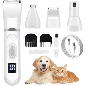 Jgd-4 In 1 Tondeuse Chien Tondeuse Chat Sans Fil Tondeuse Chien Poil Long Epais Professionnelle Silencieuse Tondeuse Avec Ecran Lcd Tondeuse Animaux Pour Pattes Yeux Oreilles Visage Corps Griffes (Bl - Neuf