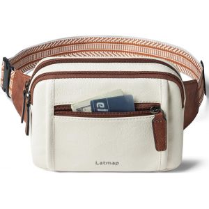 CAUC-3L Sac Banane Femme,20&times; 13 &times; 7cm en Cuir Vegan Imperm&eacute;able - 4 Poches Zipp&eacute;es, Sangle R&eacute;glable pour Cyclisme, Course, Voyage et Ext&eacute;rieur - Beige - Neuf