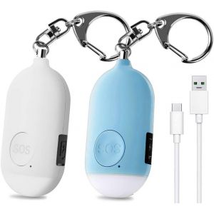 Alarme d'urgence personnelle 130 dB (blanc et bleu, 70 x 36 x 17 mm), rechargeable, avec lampe torche LED, anti-cambriolage, pour femmes, enfants, personnes âgées et aventuriers. - Neuf