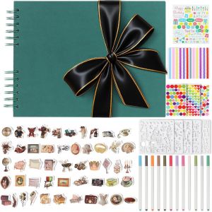 Album Photo Scrapbooking Avec Ruban Noir Bord&eacute; D'or,80 Pages Noires,Livre Photo Avec 12 Marqueurs M&eacute;talliques,11 Planchettes De Stickers,Livre D'or Pour Mariage & Anniversaire,Vert Fonc&eacute; - Neuf
