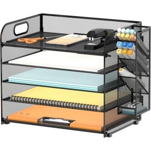 Organiseur de Bureau à 5 étages avec poignée et Porte-stylos Amovible,Organiseur de Papier en Maille pour Fournitures de Bureau (Noir) - Neuf