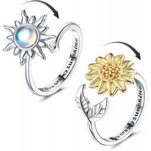 Kal-2pcs Argent Anti Stress Bagues Pour Femme Tournesol Spinner Bague Ajustement Bague Anxiété Pierre De Lune Bague Anxiété Réglable Ouverts Fidget Bague Pour Femme Anti Stress - Neuf