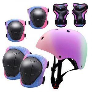 Casque Pour Enfants Avec Genouillères - Coudières Protège-Poignets - Casque Vélo Enfant Réglable(Rose Violet Vert,M) - Neuf