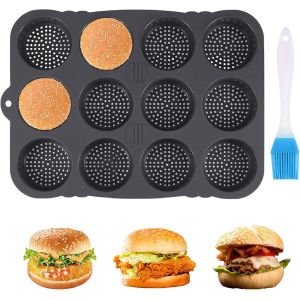 JEXNOVASHOP-Moule &agrave; Pain Hamburger en Silicone Rond 8 cm, 12 Cavit&eacute;s Moule &agrave; Pain Hamburgers, Outils de Cuisson de Cuisine pour pain et Muffins Anti-Adh&eacute;sif, Lavable au Lave-Vaisselle, Incl Brosse &agrave; - Neuf
