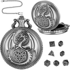 Chenquansarl-Lot De Mini Dés Dnd, 7 Dés Polyédriques D&d En Métal, Montre De Poche Steampunk Avec Motif De Dragon, Accessoires De Jeu De Sociétéx Portable, Pour Voyage Faire La Fête Camping (Argent) - Neuf