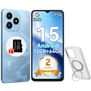 Blackview WAVE 9C T&eacute;l&eacute;phone Portable 6.56" 12Go+64Go 13MP+8MP 5000mAh Android 15 Smartphone Dual SIM Face ID,3 Carts Slots - Bleu - Neuf