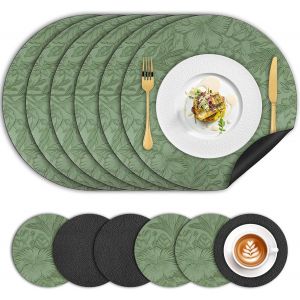 Sjzg-Set De Table Lot De 6 # Sets De Table Lavable Et Dessous De Verre R&eacute;sistant Au Chaleur # Dessous De Table Cuir Double Face Floral # Pour Cuisine Et Salle &Agrave; Manger # 34&times;34cm # Noir Vert - Neuf