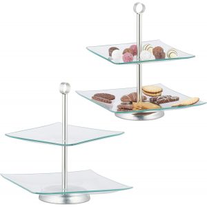 Assiettes Sur Pied,Lot De 2,Étagère Carrée En Verre,Service De Gâteaux,Fruits,Acier Inoxydable,Argenté,Transparent - Neuf