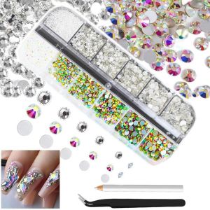 Kal-Lot De 4 200 Strass Blancs Et Ab -Pierres Pr&eacute;cieuses Rondes &Agrave; Dos Plat -Assorties Ss6-Ss20 Au Verre K9 -Cristaux Et Ab -Bijoux Nail Art -Breloques Pour Bricolage Des Ongles Et Des Yeux Diy - Neuf