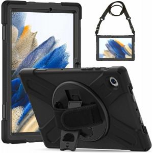JGD-Coque Antichoc pour Samsung Galaxy Tab A8 10.5 Pouces 2022, (SM-X200/SM-X205/SM-X207), &Eacute;tui Armure Robuste avec Support Rotatif, Dragonne et Bandouli&egrave;re, Housse pour Samsung Tab A8 10.5"", Noir - Neuf