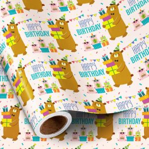Rouleau De Papier Cadeau D'anniversaire Pour Garçons Et Filles, Mini Rouleau, Adorable Ours Tenant Un Cadeau Avec Un Chapeau De Fête, Papier Cadeau Pour Anniversaire, Fête, 43,2 Cm X 5 M - Neuf