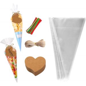 MEVRONISSHOP-100pcs Sachet C&ocirc;ne Transparent Bonbons Sacs Cellophane Plastique avec Liens Torsad&eacute;s Sachet Pop Corn Friandises Pochette pour Bonbons Cadeau F&ecirc;te Party Mariage 13x25cm avec Etiquette Cad - Neuf