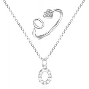 Kal-Collier Initiale Lettre A-Z Collier Avec Lettre En Zircons D'argent Pendentif Bague Ouverte Lettre Initiale Bague Argent Femme Initiaux De Coeur Pour Femme Fille - Neuf