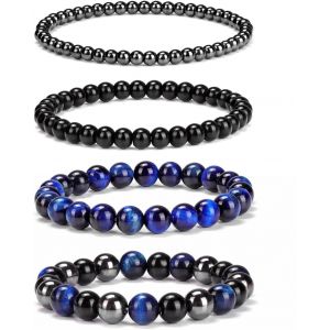 Kal-Lot De 4 Bracelets En Perles Naturelles - Bracelet &Eacute;lastique En Pierre Pr&eacute;cieuse Naturelle - Bracelets De Perles En Pierre Pr&eacute;cieuse Pour Femmes Et Adolescentes (Bleu), Taille Unique, Pierre - Neuf