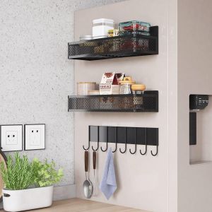 Étagère Magnétique,Lot de 3 étagères magnétiques à épices pour réfrigérateur,Porte Épices Magnétique Frigo pour Le Rangement et l'organisation de la Cuisine(Noir) - Neuf