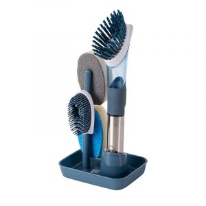 4 têtes de rechange, brosse à vaisselle bleue avec manche ¿ Distributeur de savon multifonction pour vaisselle, casseroles et évier - Neuf