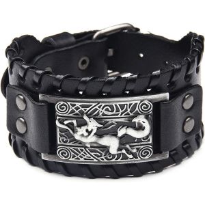 Kal-Bracelet En Cuir Noir Antique Argent Viking Renard Noeud Celtique Manchette Irlandaise Large Bracelets En Cuir Style Punk Bracelet Bracelet Bracelets - Neuf