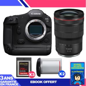 Boitier Canon EOS R1 + RF 15-35mm f/2.8 L IS USM + 3 SanDisk 256GB Extreme PRO CFexpress Type B + 2 Canon LP-E19 + Ebook 'Devenez Un Super Photographe - Neuf