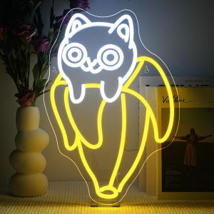 Yellow Banana Cat Led Neon,Chat N&eacute;on Led Dimmable Pour La D&eacute;coration Murale,Enseigne Lumineuse D&eacute;co Pour Chambre &Agrave; Coucher, Aire De Jeux Pour Enfants, Animalerie, Maison De Chat - Neuf