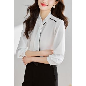 Chemise En Mousseline De Soie À Ruban De Couleur Contrastée, Hauts Pour Femmes, Tempérament Élégant, Manches Longues, Chemise Professionnelle Pour Femmes - Neuf