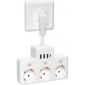Multiprise avec 3 Interrupteur Individuel, Multiprise avec 3 AC Prises et 4 USB(3 USB-A et 1 USB-C), Puissance Maximale 3680W avec Interrupteur pour Bureau et Maison - Neuf