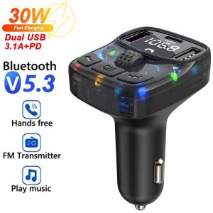 Transmetteur FM Bluetooth 5.3 pour voiture PD 30W, double USB 3.1A type-c, chargeur de voiture, lecteur Mp3, Kit mains libres pour voiture C57 - Neuf