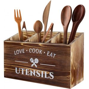 Jexnovashop-Porte-Ustensiles De Cuisine Avec Fond De Drainage, 3 Compartiments Solides En Bois V&eacute;ritable, Organisateur Pour Comptoir De Cuisine, Salle De Rangement, Couteaux, Fourchettes Et Cuill&egrave;res - Neuf