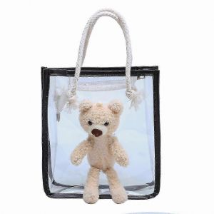 Sac fourre-tout transparent pour femme avec fermeture &eacute;clair et motif ourson mignon, id&eacute;al pour la plage. - Neuf