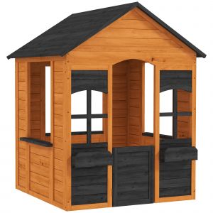 Maisonnette Enfant Porte 3 Comptoirs 2 Jardini&egrave;res 2 Fen&ecirc;tres Bois Pr&eacute;-Huil&eacute; Noir - Neuf