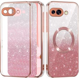 ELVORIX-ESONG Magn&eacute;tique Paillettes Coque Google Pixel 9A,Etui Fine Transparente Esth&eacute;tique Brillant Glitter Compatible avec MagSafe pour Femmes,Housse Mince Clear,Case Silicone Rosegold - Neuf