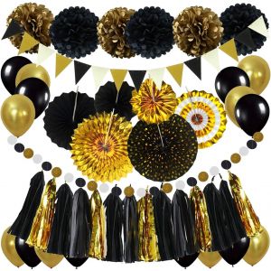 TRAHOO-Fournitures de fête de la Saint-Sylvestre, Fans de Papier à Suspendre Noir et Or Pom Poms Fleurs Guirlande de Glands Triangle Bunting Drapeaux et Ballons pour la fête de Remise des diplômes - Neuf