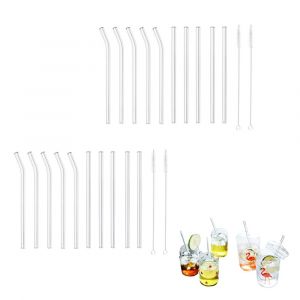 Ensemble De Pailles En Verre R&eacute;utilisables : 5 Pailles Coud&eacute;es, 5 Pailles Droites, 2 Goupillons, &Eacute;cologiques, Longueur 180-190 Mm - Neuf