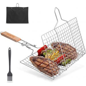 Ulteronixshop-FINEW pliable panier grille pour barbecue Portable en Acier Inoxydable 304, pour Poisson L&eacute;gumes Steak de Crevettes, avec poign&eacute;e amovible, brosse &agrave; badigeonner bouteille et sac de rang - Neuf