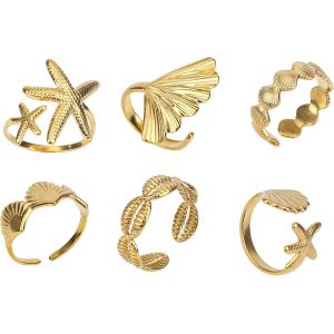 Kahfl-Lot De 6 Bagues Coquillages Et &Eacute;toiles Mer Dor&eacute;es Pour Femme,Bijoux De Plage En Acier Inoxydable Avec Motif Coquillage Accessoires Ajustables Empilables Pour Usage Quotidien &Eacute;t&eacute; - Neuf
