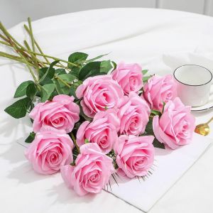 Lot de 10 roses artificielles de 54 cm en fausse soie &agrave; longue tige, roses r&eacute;alistes pour DIY, fleurs artisanales, bouquets de mariage, arrangements, f&ecirc;tes et d&eacute;coration de la maison (Rose) - Neuf