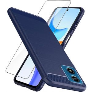 CAUC-Verre tremp&eacute; pour Motorola Moto G04 4G Coque Bleu Fibre de Carbone + Verre tremp&eacute; Film Protecteur - Souple &Eacute;tui Carbon Fiber Housse Case Cover pour Motorola Moto G04 4G (6.56") - Neuf