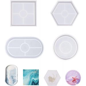 4 Pcs Moule &Agrave; Plateau En Silicone, Moule Silicone Dessous De Verre Moule Silicone R&eacute;sine &Eacute;poxy Carr&eacute; Et Rond Moule &Agrave; Sous-Verre Plateaux De Rangement, Pour Faire Des Bricolages En R&eacute;sine - Neuf