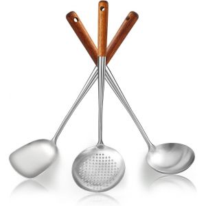 Kalanka-Ensemble De Spatules Pour Wok 43 Cm, Poign&eacute;e En Bois R&eacute;sistant &Agrave; La Chaleur, Outils De Wok En Acier Inoxydable, Spatule En M&eacute;tal, Louche, &Eacute;cumoire De Cuisine, Ensemble D'ustensiles De Cuisine - Neuf