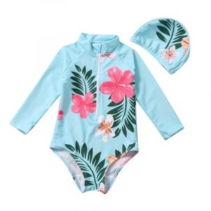 Maillot De Bain D'été Pour Fille, Motif Pivoine, Avec Chapeau (Bleu, Pour Les Tailles 85-95 Cm), Manches Longues, Maillot De Bain Une Pièce, Anti-Uv - Neuf