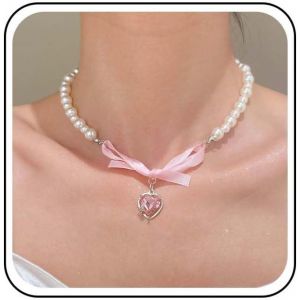 Kal-Collier Boho Collier Perle Choker Collier Coeur Perle Argent Collier Pendentif Coeur Bouffant Collier Ruban Perle Noeud Dentelle Rose Collier Chaine Bijoux Pour Femmes - Neuf