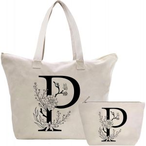 Nzqaf-Sac Fourre-Tout En Toile Avec Initiale Fleur, Personnalisés Sac Tote Bag En Toile Coton Trousse De Maquillage, Idéal Pour Mariage Anniversaire Noël, Cadeau Pour Femmes Amis Maman S?Urs P - Neuf