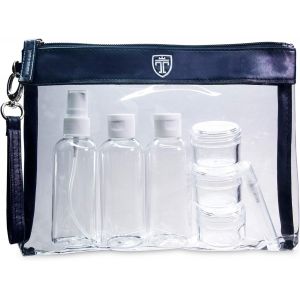 KALANKA-Trousse de Toilette Transparente + 7 Bouteilles, Pots, Contenants pour Liquides - Kit de Voyage 1l pour l`Avion - Set de Voyage dans Bagages à Main - Sac Cosmétiques pour Hommes et Femmes - Neuf