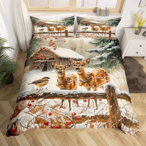 Double (Sans Couette)-Marron Blanc Vert-Parure De Lit Double Homewish Cardinal Avec Housse De Couette Et Motif Oiseau Rouge, Style Rustique Et Vintage, Pour Chambre D'enfant Ou Garçon, Motif Flocon - Neuf