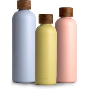 Gjfty-Bouteille Isotherme D`Eau 500ml En Acier Inoxydable Avec Bouchon En Bois D'acacia, Gourde Inox 0,5l, Conserve Le Froid À 29h, La Chaleur 14h, Étanche Pour Boissons Gazeuses - Neuf