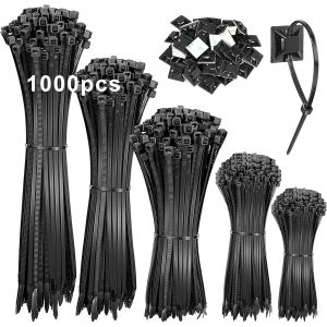 Checarzhn--No1-1000 Pièces Serre Câbles, Collier De Serrage Plastique Noir Assortiment 100/150/200/250/300mm X 3,6mm Et 50 Pièces Base De Auto-Adhésives,Nylon Collier De Serrage Plastique Câble,Pour - Neuf