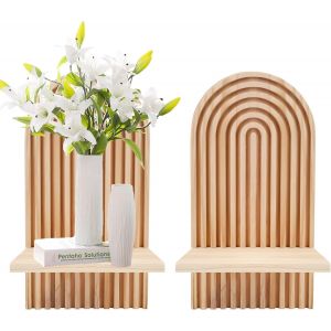 Cauc-Lot De 2 &Eacute;tag&egrave;res Murales En Bois De Style Boh&egrave;me Avec Panneaux En Bois &Agrave; Rayures Arqu&eacute;es Avec &Eacute;tag&egrave;res Flottantes Pour Pots, Livres, Bougies, Photos, Chambre D'enfant, Cuisine, Bureau (Nature - Neuf