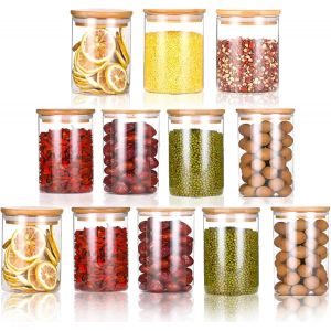 Lot De 12 Bocaux En Verre De 200 Ml Avec Couvercles En Bambou Et Anneau En Silicone, Conteneurs Herm&eacute;tiques Pour La Cuisine, Le Th&eacute;, Les P&acirc;tes, Le Caf&eacute;, La Farine, Les Herbes, Les C&eacute;r&eacute;ales - Neuf