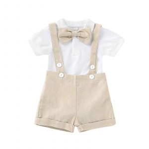 Vente En Rayon B&eacute;b&eacute; Gar&ccedil;ons D&iquest;&Eacute;t&eacute; Couleur Unie Noeud Imprim&eacute; Barboteuse + Bretelles Costume - Neuf